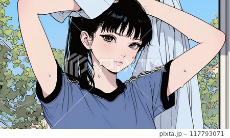汗を拭っている若い女性