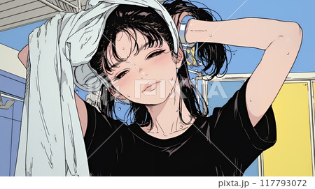 汗を拭っている若い女性