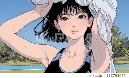 汗を拭っている若い女性
