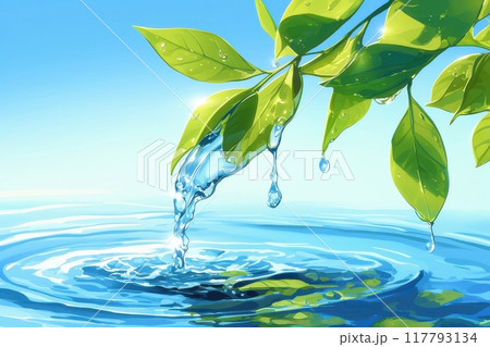 滴る水のイラスト（水面・湖面・躍動感・雫・水滴・川・湖）	 117793134