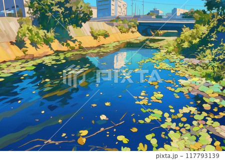 滴る水のイラスト（水面・湖面・躍動感・雫・水滴・川・湖）	 117793139