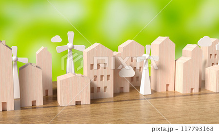 The wood building and Wind turbine  for property concept 3d rendering. 117793168