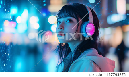 ヘッドフォンで音楽を聴く日本人女性、未来的なコンセプト(AI生成画像) ヘッドフォンで音楽を聴く日本人女性、未来的なコンセプト(AI生成画像) 117793273