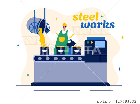 Steelworks Vector Illustration with Resource Mining, Smelting of Metal in Big Foundry and Hot Steel Pouring in a Flat Cartoon Background Design Steelworks Vector Illustration with Resource Mining, Smelting of Metal in Big Foundry and Hot Steel Pouring in a Flat Cartoon Background Design 117793332