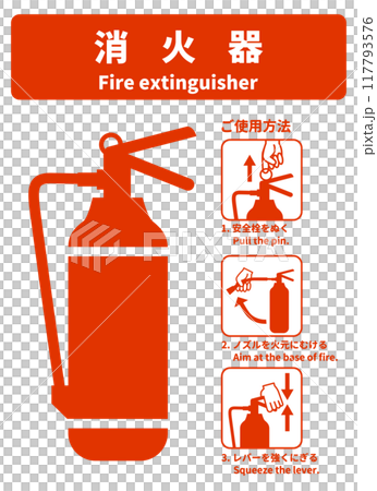 消火器の使用方法 消火器具の使い方の標識 看板 看板のイラスト 縦長 117793576