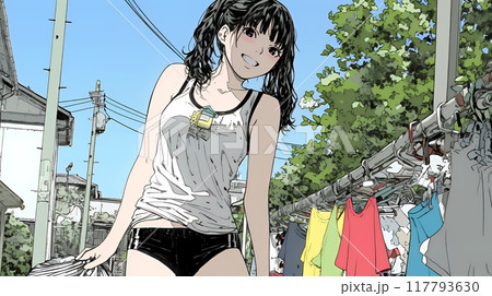 タンクトップを着て洗濯物を干す若い女性