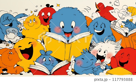 みんな本が大好き：読書週間や読書を促すためのかわいい挿絵・背景画