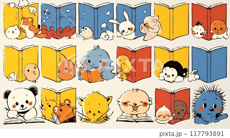 みんな本が大好き：読書週間や読書を促すためのかわいい挿絵・背景画