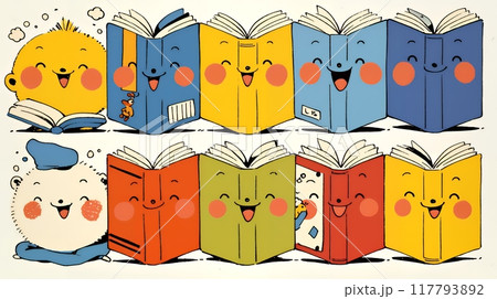みんな本が大好き：読書週間や読書を促すためのかわいい挿絵・背景画