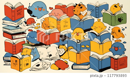 みんな本が大好き：読書週間や読書を促すためのかわいい挿絵・背景画