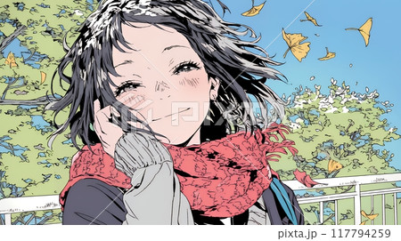 紅葉の秋の街を歩く若い女性