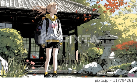 紅葉の秋の街を歩く若い女性