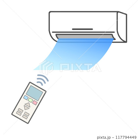 リモコンでエアコンの冷房をつけるイラスト リモコンでエアコンの冷房をつけるイラスト 117794449