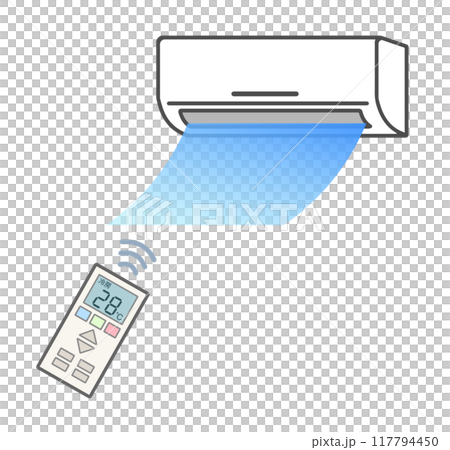 Illustration of air conditioner temperature setting to 28 degrees using a remote control 117794450