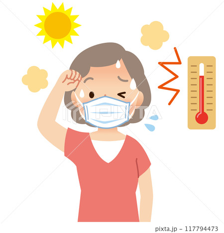 マスクをして汗をかく高齢者女性　マスク熱中症　気温が高い屋外 117794473