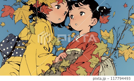 紅葉と双子の女子