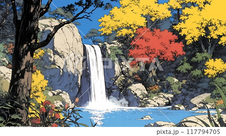 滝のある渓谷の紅葉
