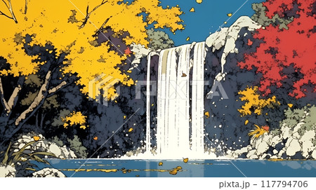 滝のある渓谷の紅葉