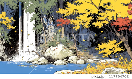 滝のある渓谷の紅葉