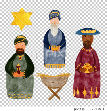 Wise men manger Christmas star set hand painted digital watercolor. High quality illustration for cards, stickers, posters, tape, celebration of true Christmas, decoration. Cute minimalistic clip art 117794831