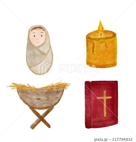 Wrapped baby Jesus, manger, Bible and a candle hand painted watercolor set isolated on white background. Cute minimalistic digital art for cards, stickers, celebration of true Christmas, print decor 117794832