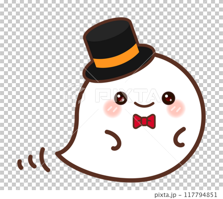 シルクハットをかぶって、ふわふわ空を飛ぶ、ハロウィンのかわいいおばけ 117794851