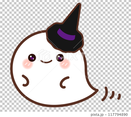魔女のとんがり帽子をかぶって、ふわふわ空を飛ぶ、ハロウィンのかわいいおばけ 117794890