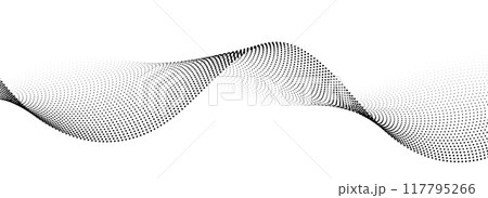 Dotted wave line background. Black halftone undulate pattern. Curved dashed gradient design element for poser, banner, presentation, booklet. Abstract flowing particle dot line wallpaper. Vector 117795266