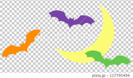 空を飛ぶコウモリ3匹と、三日月 117795494