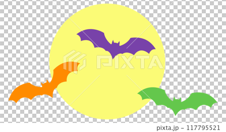 空を飛ぶコウモリ3匹と、満月 117795521