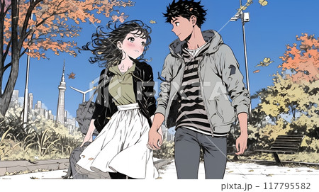 紅葉の公園でデートをしている若い男女のカップル