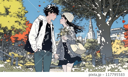紅葉の公園でデートをしている若い男女のカップル