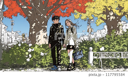 紅葉の公園でデートをしている若い男女のカップル