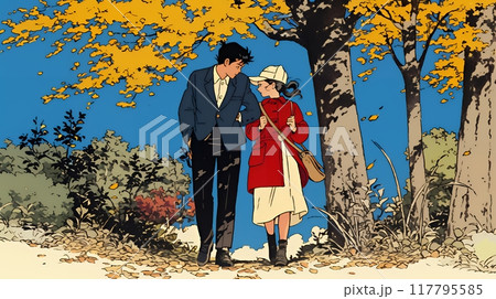 紅葉の公園でデートをしている若い男女のカップル