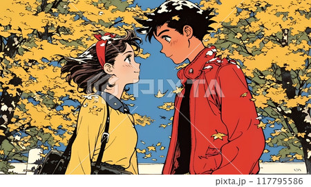 紅葉の公園でデートをしている若い男女のカップル