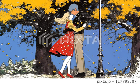 紅葉の公園でデートをしている若い男女のカップル