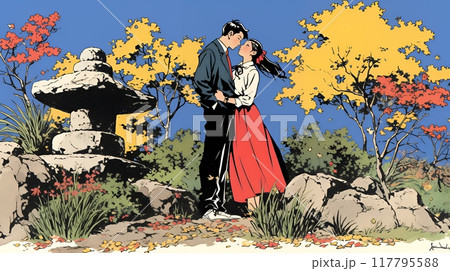 紅葉の公園でデートをしている若い男女のカップル