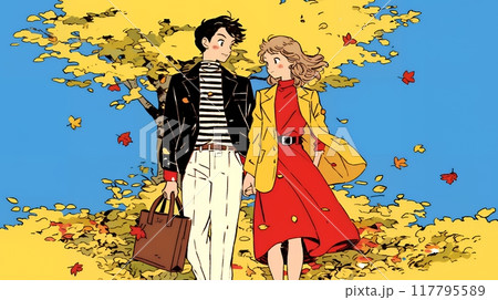 紅葉の公園でデートをしている若い男女のカップル