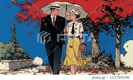 紅葉の公園でデートをしている若い男女のカップル