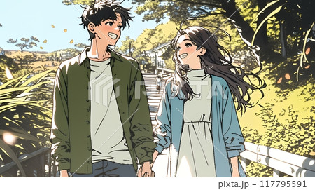 紅葉の公園でデートをしている若い男女のカップル