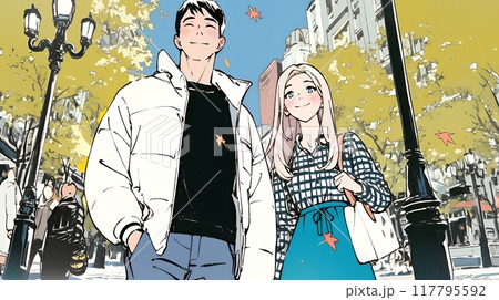 紅葉の公園でデートをしている若い男女のカップル