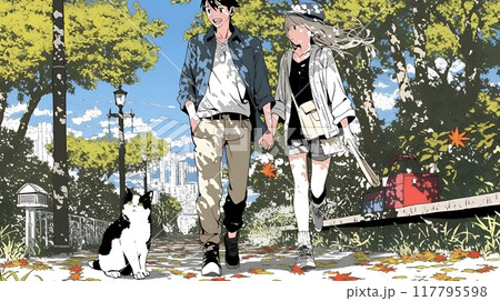 紅葉の小径を歩く若いカップル