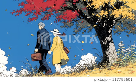 紅葉の小径を歩く若いカップル