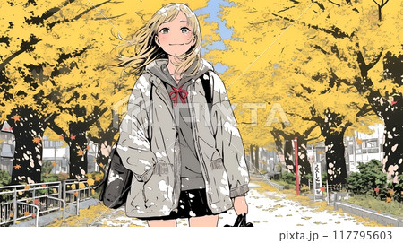 紅葉の小径を歩く若い女性
