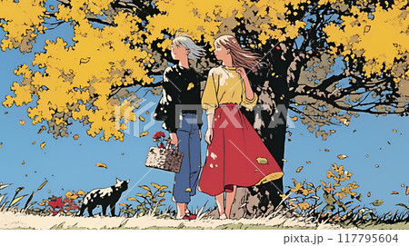 紅葉の小径を歩く若い女性