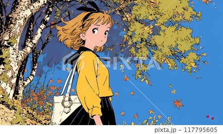 紅葉の小径を歩く若い女性
