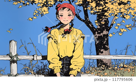 紅葉の小径を歩く若い女性