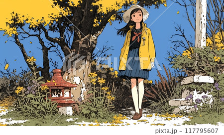 紅葉の小径を歩く若い女性