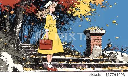紅葉の小径を歩く若い女性