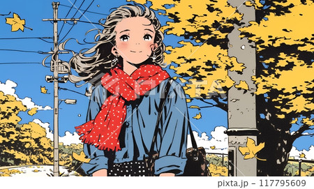 紅葉の小径を歩く若い女性